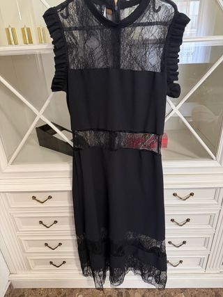 Vestido Imperial Negro Encaje Volantes Talla L