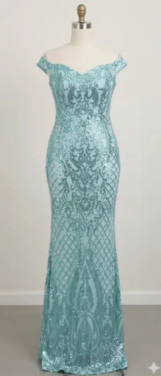 Vestido de fiesta azul y plateado