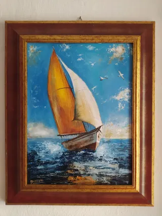 Quadro olio su tavola paesaggio marino barca vela