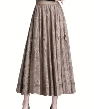 Falda larga de encaje color café