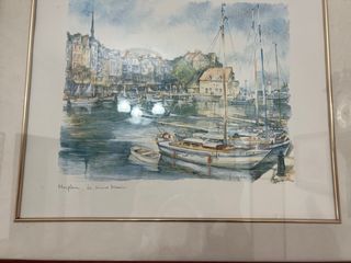 Acuarela paisaje rural con casa y río