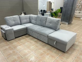 Sofá Cama Modular Rinconera Gris Terciopelo