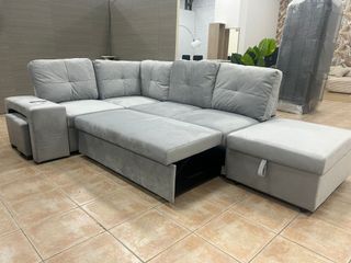 Sofá Cama Modular Rinconera Gris Terciopelo