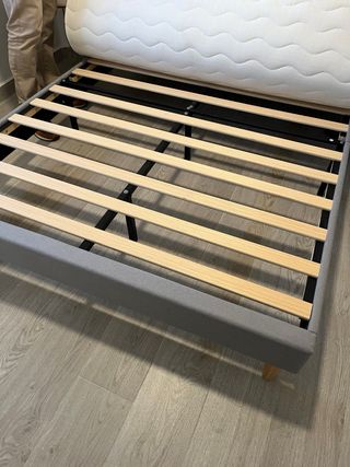 Estructura Cama Somier Tela Gris Madera