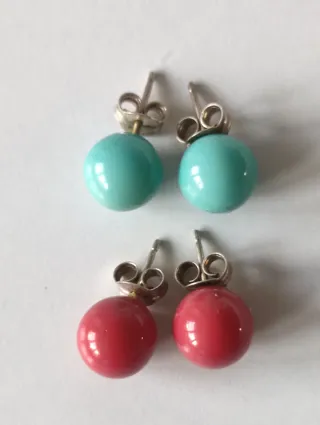 Pendientes Plata Ley Bola Verde, Roja, Turquesa