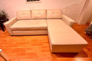 Sofá Cama Chaise Longue Piel Sintética Beige