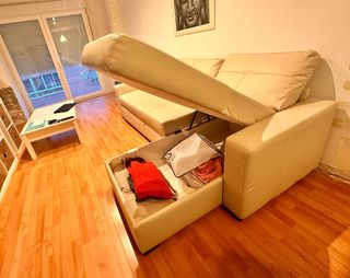 Sofá Cama Chaise Longue Piel Sintética Beige