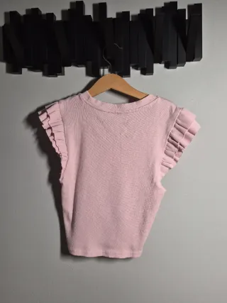 Zara Camiseta Rosa Manga Corta Volantes Talla S