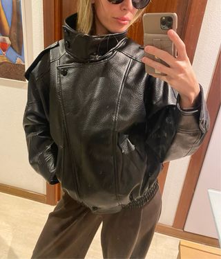 Cazadora de cuero negra, Za, YSL style, oversize