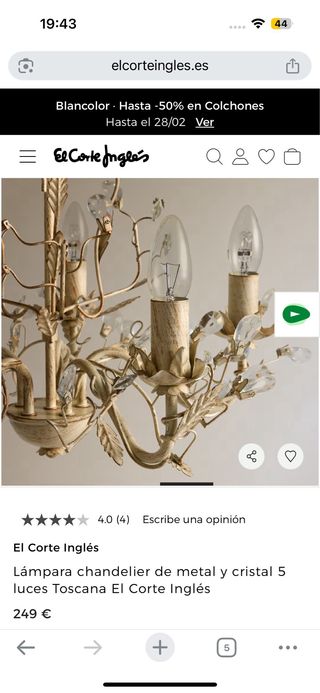 Lámpara chandelier metal y cristal 5 luces