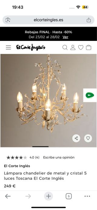 Lámpara chandelier metal y cristal 5 luces