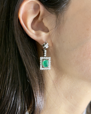 Pendientes Oro Blanco 18k Esmeralda Diamantes