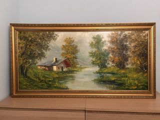 Cuadro al óleo paisaje con marco dorado
