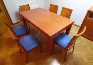 Mesa de salón con 6 sillas tapizadas.