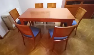 Mesa de salón con 6 sillas tapizadas.