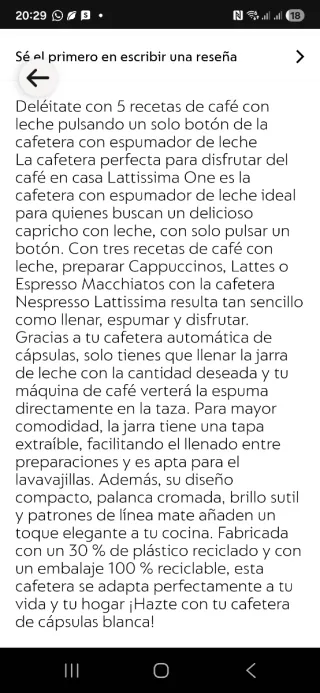 Cafetera Nespresso Lattissima One