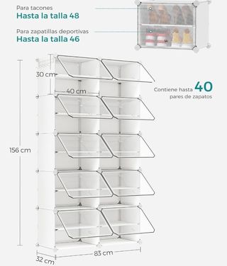 SONGMICS Mueble Zapatero Plástico, 10 Compartimentos para 40 Pares de Zapatos