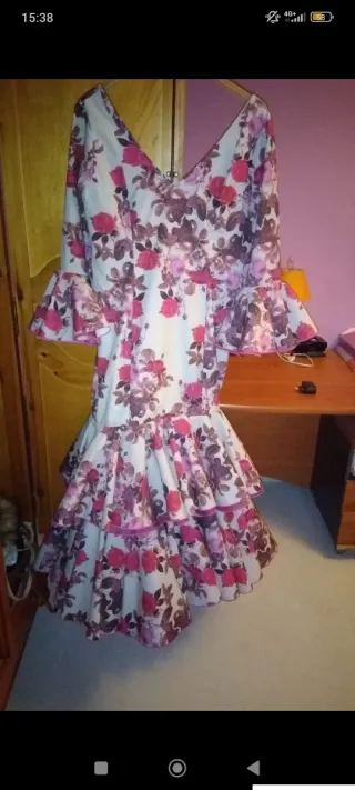 Vestido Flamenca Flores Rosa y Blanco