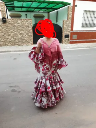 Vestido Flamenca Flores Rosa y Blanco