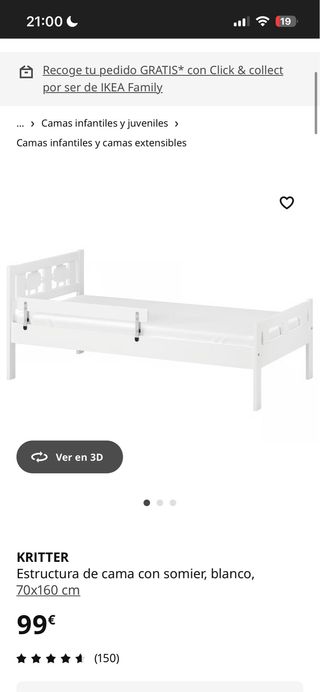 Cama infantil KRITTER IKEA blanca 70x160cm