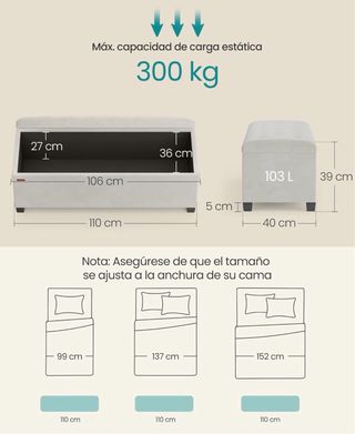 SONGMICS Puff Almacenaje, Baúl con Patas, Crema