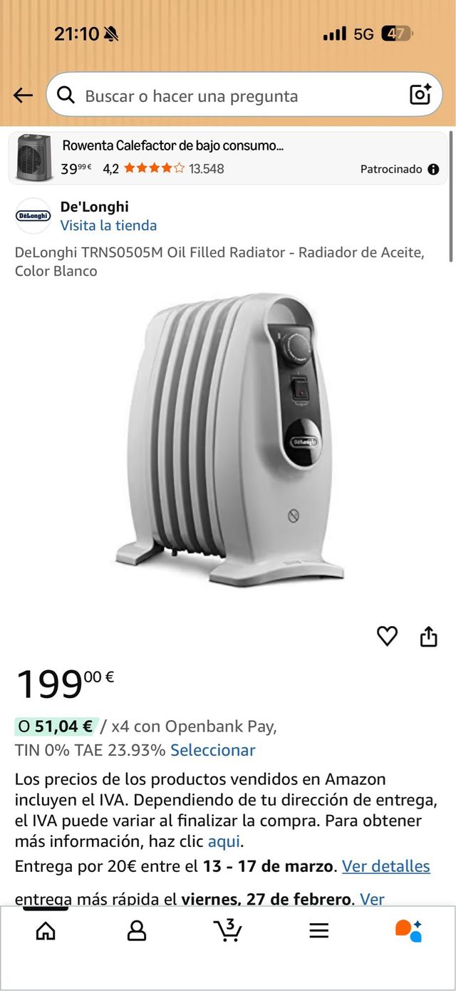 Radiador Aceite DeLonghi Blanco