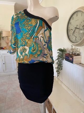 Vestido One Shoulder Barroco Azul