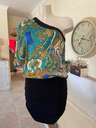 Vestido One Shoulder Barroco Azul