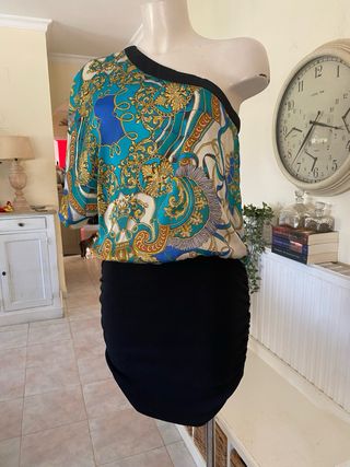 Vestido One Shoulder Barroco Azul