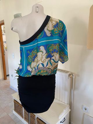 Vestido One Shoulder Barroco Azul