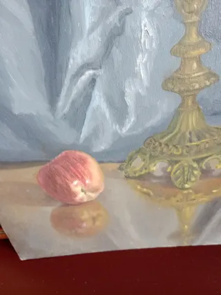 Cuadro óleo bodegón candelabro manzanas