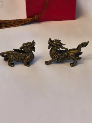 Pareja dragones bronce antiguo miniatura