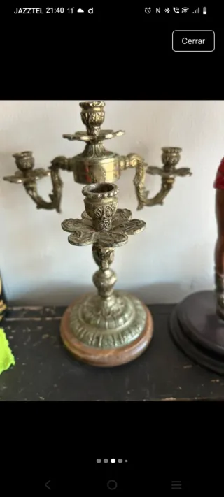 Candelabro Antiguo Dorado Bronce y Madera
