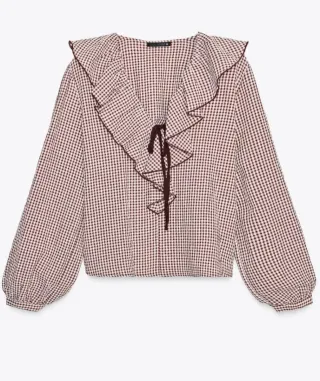 Blusa Zara cuadros vichy volantes color burdeos