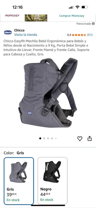 Mochila Portabebés Chicco Gris