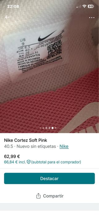 Nike Cortez Soft Pink Talla 40.5