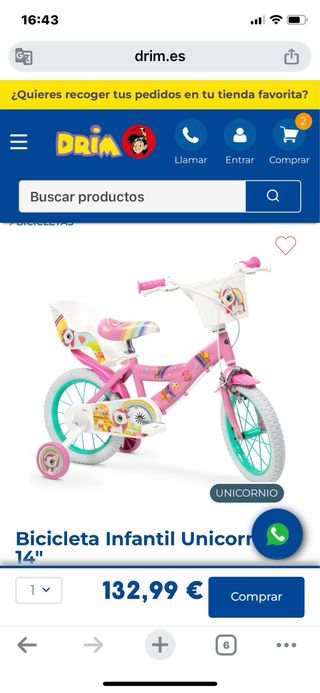 Bicicleta infantil rosa con unicornio