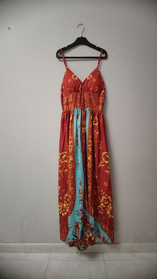 Vestido largo vintage marrón floral turquesa 36 S