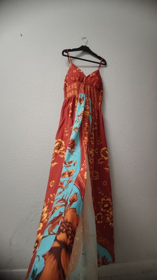 Vestido largo vintage marrón floral turquesa 36 S