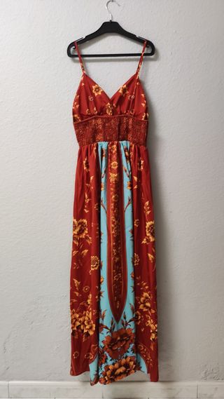 Vestido largo vintage marrón floral turquesa 36 S