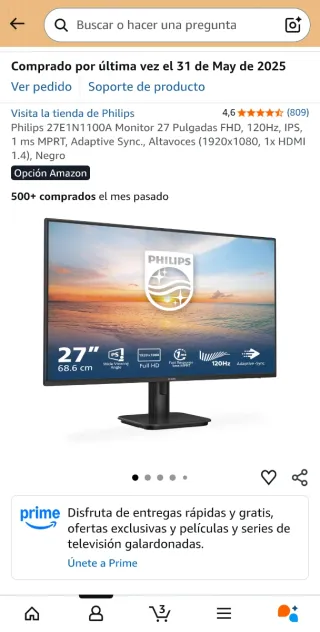 Monitor Philips 27 FHD 120Hz IPS Negro