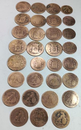 Lote 31 monedas cobre España 10 y 5 c. 1870-1879