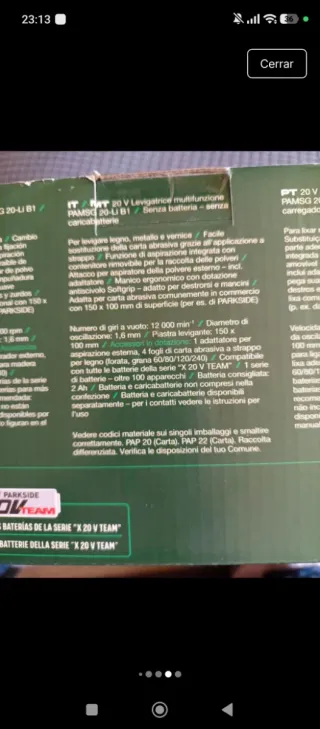 Lijadora Parkside 20V multifunción