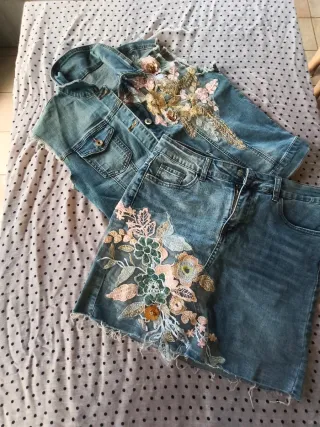 Conjunto Denim: Chaleco, Chaqueta , Falda y pantal