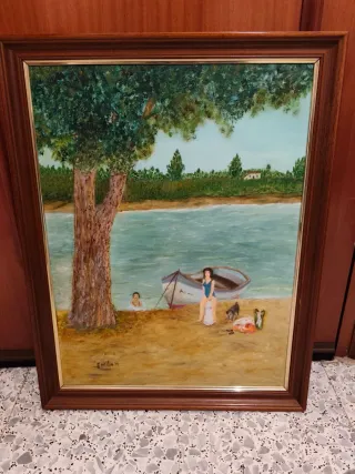 Cuadro paisaje playa y personas pintado a mano