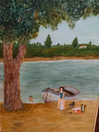 Cuadro paisaje playa y personas pintado a mano