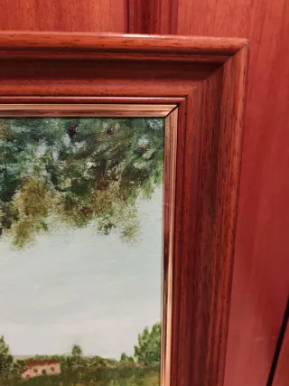 Cuadro paisaje playa y personas pintado a mano