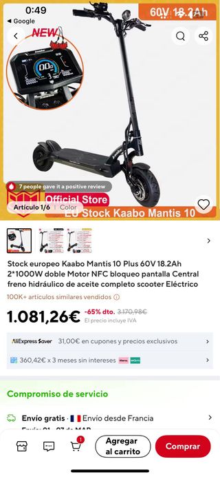 Patinete Eléctrico Kaboo Mantis 10 Plus Negro