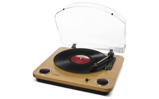 ION Audio Max LP - Reproductor de discos de vinilo Bluetooth con altavoces integrados y USB, color madera