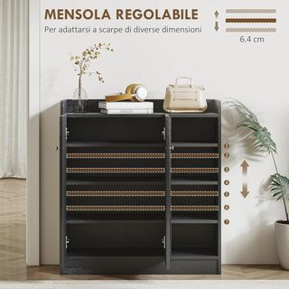 Zapatero di Ingresso con 4 Ripiani Aperti, Armadio Multiuso con 2 Ante e Ripiani Regolabili, Porta Scarpe Salvaspazio per 12 Paia, 83X30X90 Cm, Nero